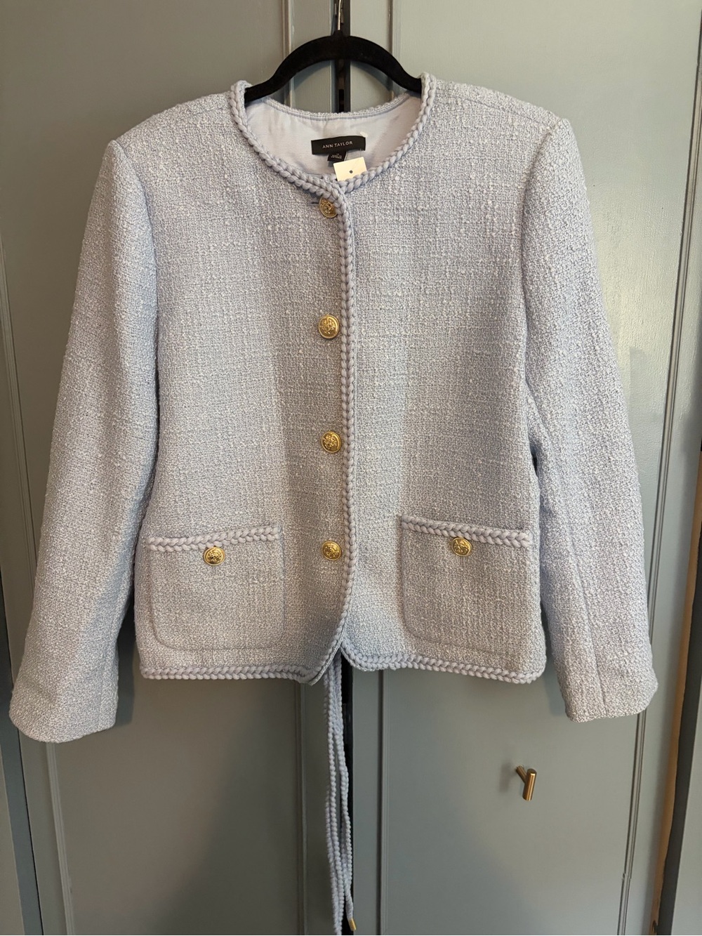 Ann Taylor Pastel Blue Tweed Gold Button Jacket